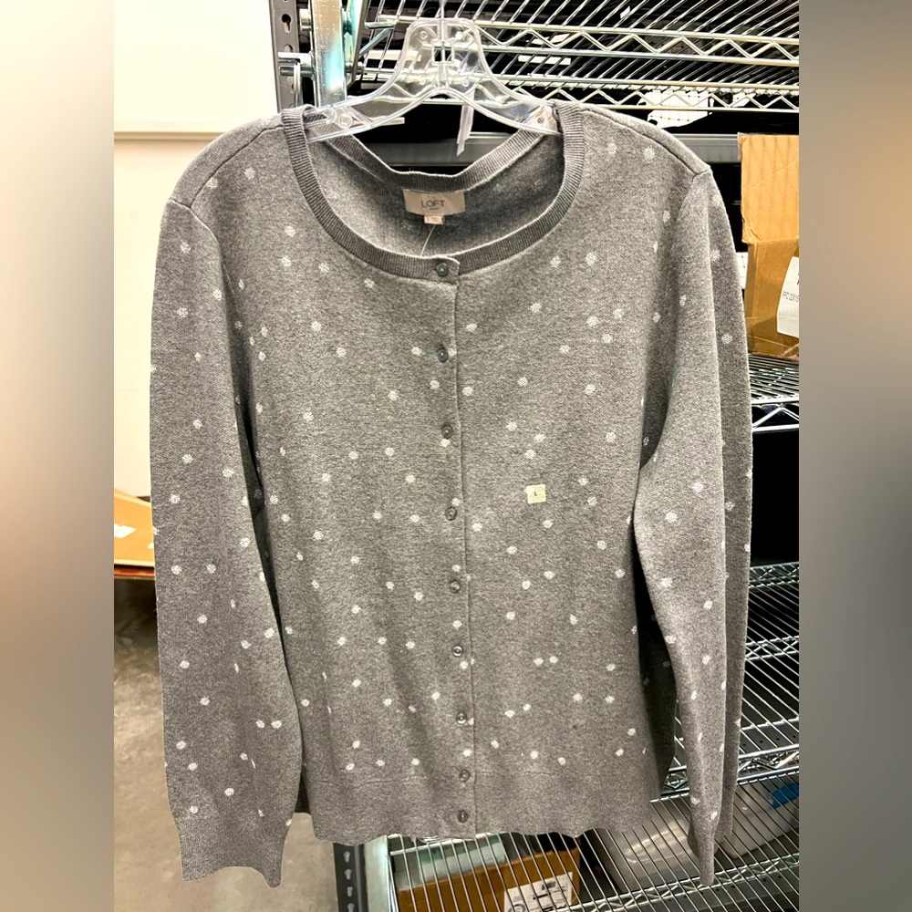 NWT LOFT Cardigan Gray Polka Dot Large #ZZ